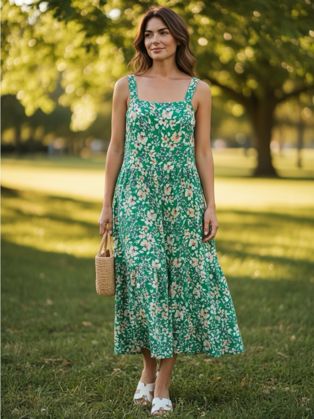 Jessica Simpson Green Floral Square-Neck Maxi Dress